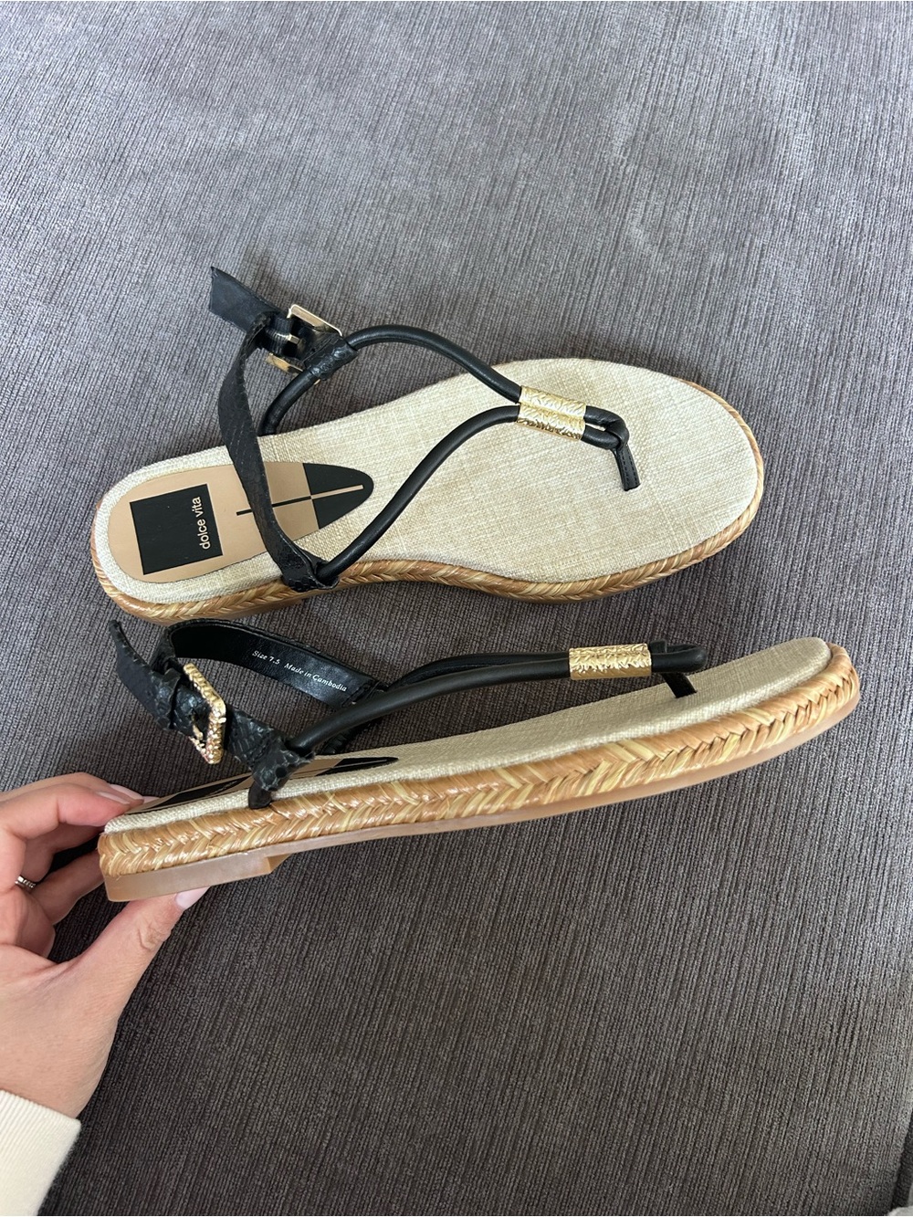 Dolce Vita Black Leather Thong Sandals with Gold Accents